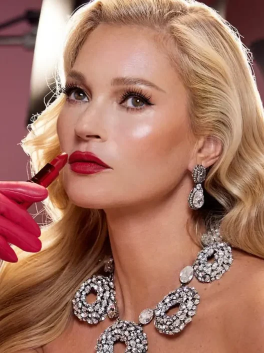 Kate Moss, Charlotte Tilbury için kamera karşısında.